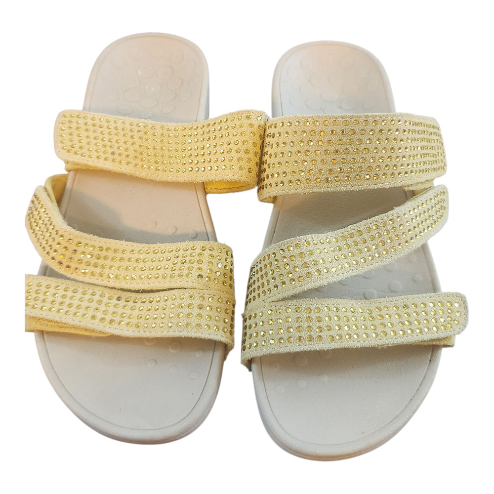 Vionic Pacific Alexis sz 7 women slid on sandals yellow rhinestones leather shoe